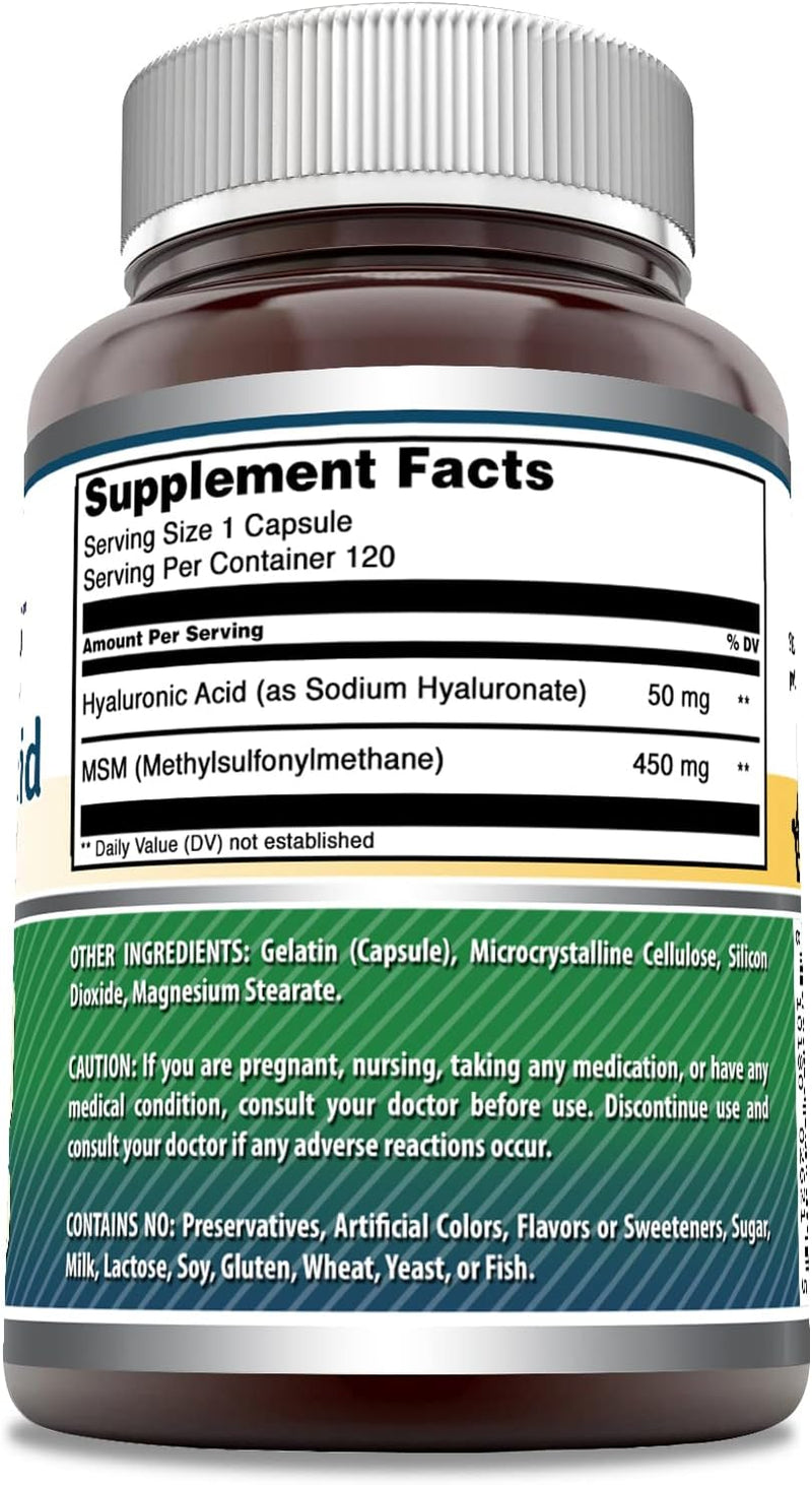 Amazing Formulas Hyaluronic Acid & MSM 500mg 120 Capsules Supplement | Non-GMO | Gluten Free | Made in USA