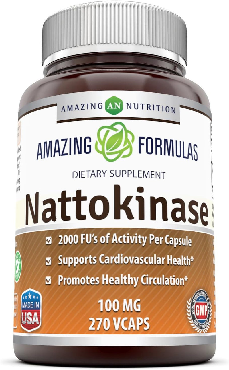 Amazing Formulas Nattokinase Dietary Supplement - 100mg, 270 Veggie Capsules. Every Vegetarian Capsules Contain 2000 FU Enzyme Activity from Pure Nattokinase