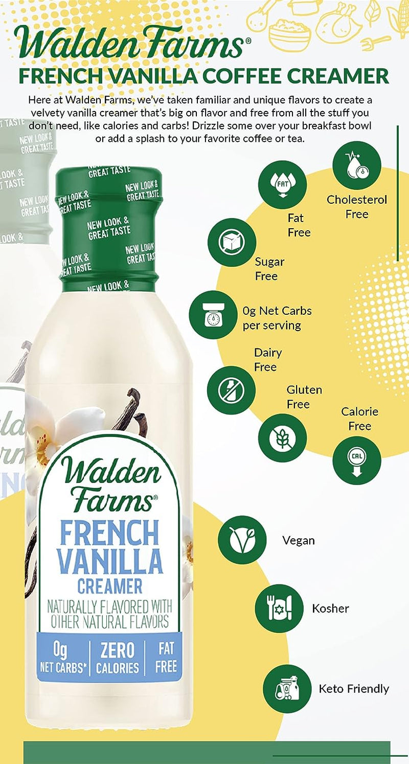 Walden Farms French Vanilla Coffee Creamer 12 oz Bottle | Rich & Creamy | Fresh and Flavorful | Vegan, Paleo and Keto Friendly | Non-Dairy Milk Substitute | 0g Net Carbs | For Coffee | Tea | Smoothies | Breakfast Bowl and More