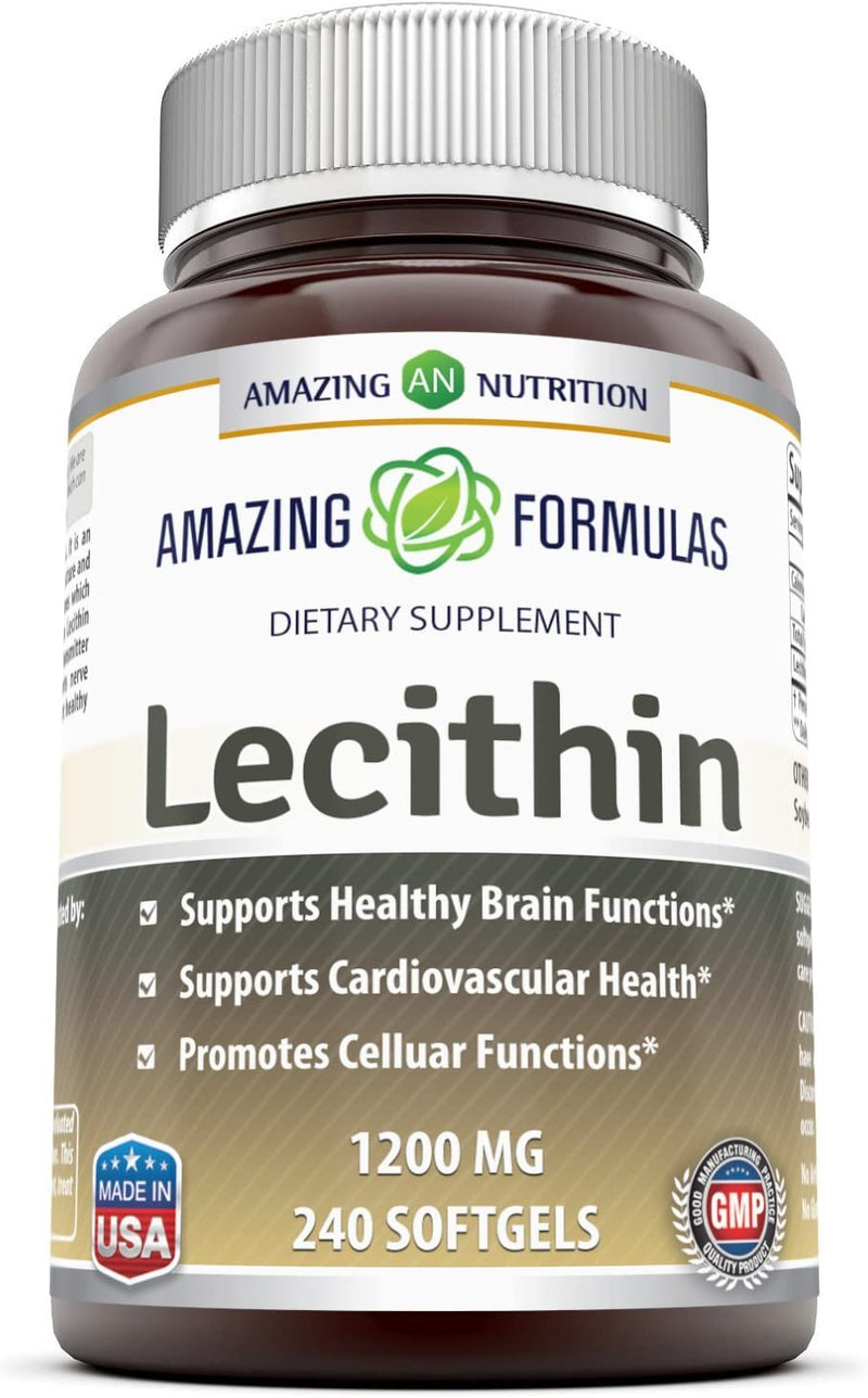 Amazing Formulas Lecithin Dietary Supplement * 1200 mg High Potency Lecithin Softgels (Non GMO,Gluten Free) -Promotes Brain & Cardiovascular Health * Aids in Cellular Activities * 240 Softgels