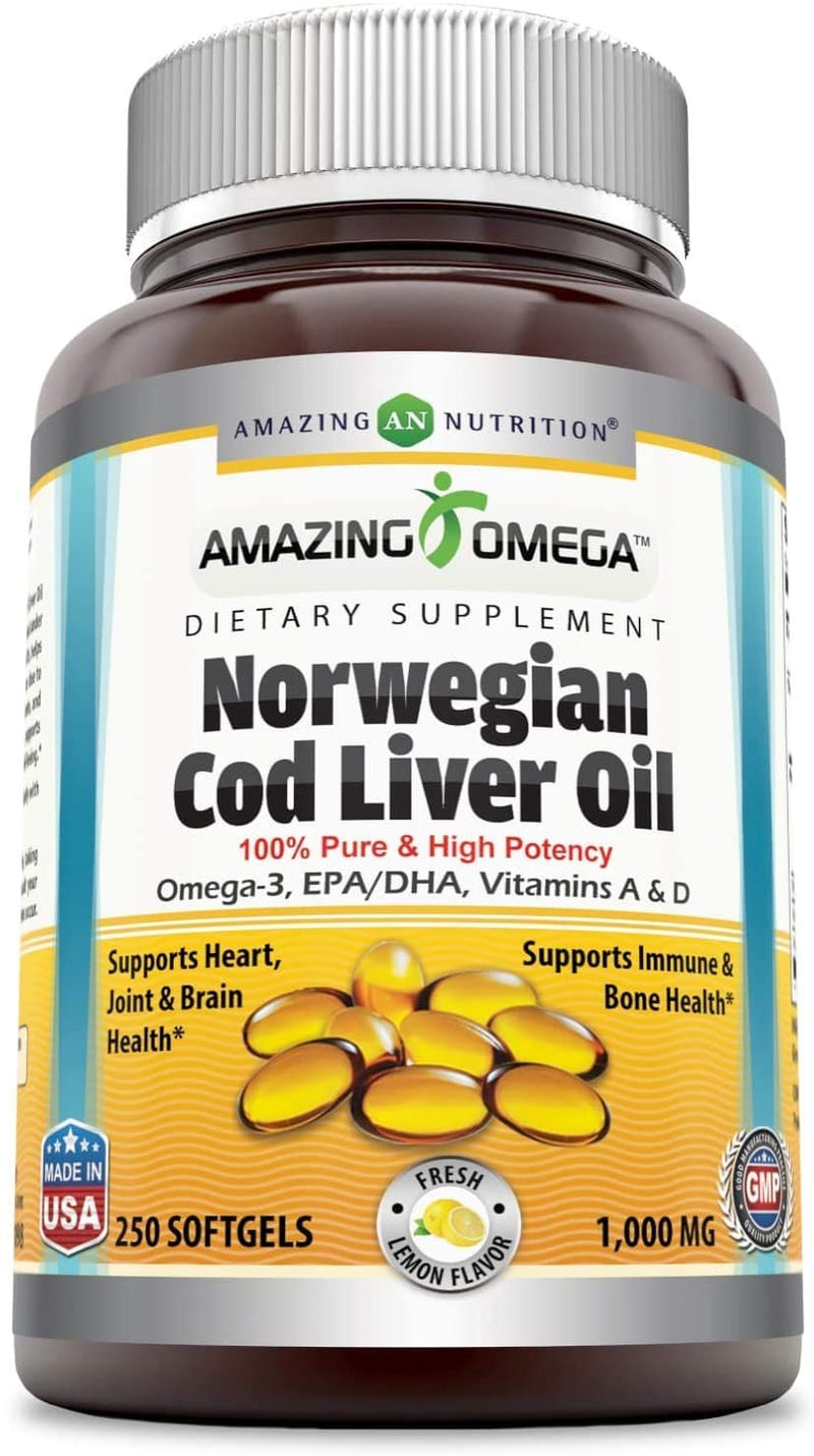 Amazing Omega Norwegian Cod Liver Oil 1000 Mg, Softgels (Lemon, 250 Softgels) -Supports Heart, Joint, Brain, Bone & Immune Health (Non-Gmo,Gluten Free)