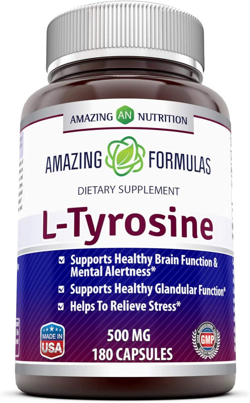 Amazing Formulas L Tyrosine - 500 mg, Capsules - Supports Mental Alertness, Energy, Focus, Healthy Glandular Function and Balance 180 Count
