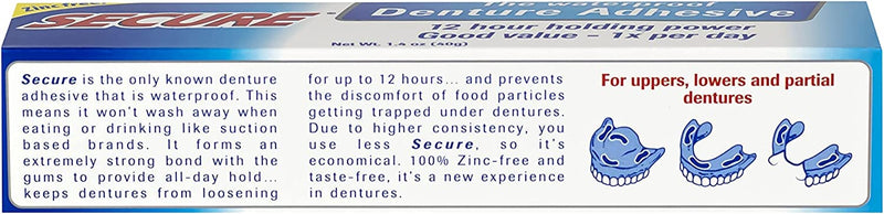 Secure Waterproof Denture Adhesive - Zinc Free - 1.4 oz