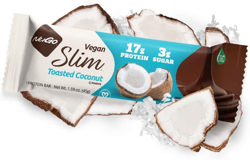 NuGo Slim Dark Chocolate Toasted Coconut, 16g Vegan Protein, 3g Sugar, 7g Fiber, 190 Calories, Low Net Carbs, Gluten Free, 12 C