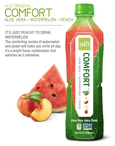 Alo Comfort Watermelon and Peach Aloe Vera Juice Drink, 16.9 Fluid Ounce - 12 per case.