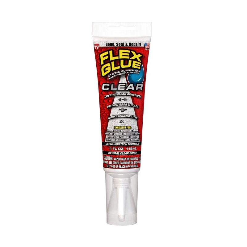 Flex Glue, 4 oz Squeeze Tube, Clear, Super Strong, Transparent, Rubberized Waterproof Adhesive, Works Underwater, Use on Pools, Showers, Outdoors, Concrete, Brick, Pavers, Masonry, UV Resistant