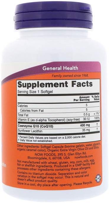 NOW Supplements, CoQ10 400 mg, Pharmaceutical Grade, All-Trans Form produced by Fermentation, 60 Softgels