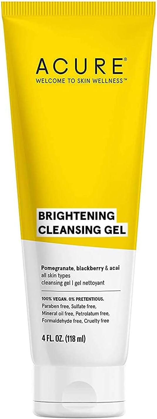 Acure Brightening Cleansing Gel - Vegan Cleanser for Radiant Skin - Pomegranate, Blackberry & Acai Infused - Antioxidant-Rich Gentle Formula for All Skin Types - Superfruit + Chlorella Blend - 4 Fl Oz