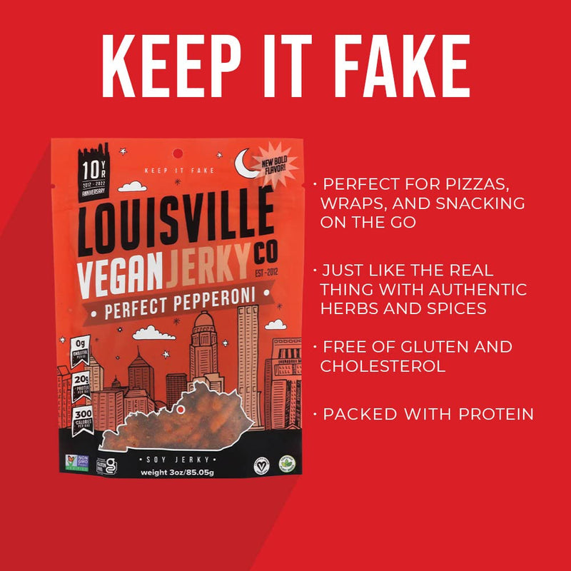 Louisville Vegan Jerky - Perfect Pepperoni, Vegetarian & Vegan-Friendly Jerky, 21 Grams of Non-GMO Soy Protein, 270 Calories Per Bag, Gluten-Free Ingredients (3 oz)