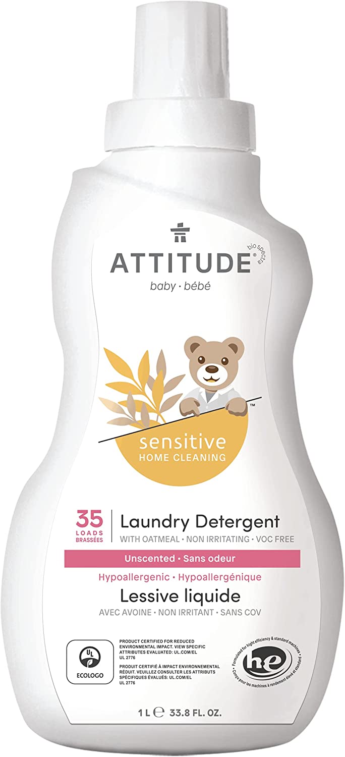 ATTITUDE Baby Laundry Detergent for Sensitive Skin, Hypoallergenic, Dye free, Unscented, HE compatible, Fragrance Free, 33.8 Fluid Ounce, 35 Loads