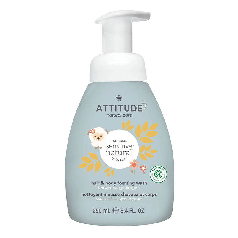 ATTITUDE 2-in-1 Natural Hair and Body Foaming Wash Baby, Fragrance Free, 8.4 Fluid Ounce