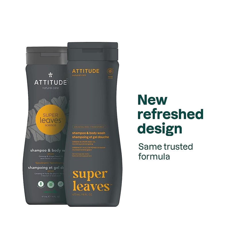 ATTITUDE Super Leaves, Hypoallergenic 2 in 1 Shampoo and Body Wash, Ginseng & Grapeseed Oil, 16 Fluid Ounce (11006)