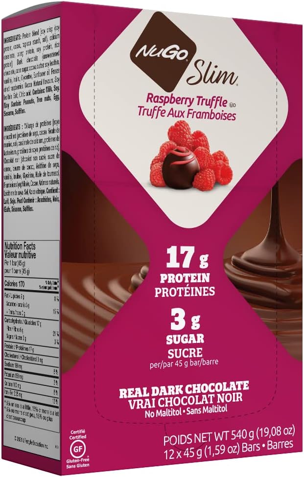 NuGo Slim Dark Chocolate Raspberry Truffle, 17g Protein, 2g Sugar, 7g Fiber, 160 Calories, Low Net Carbs, Gluten Free, 12 Count