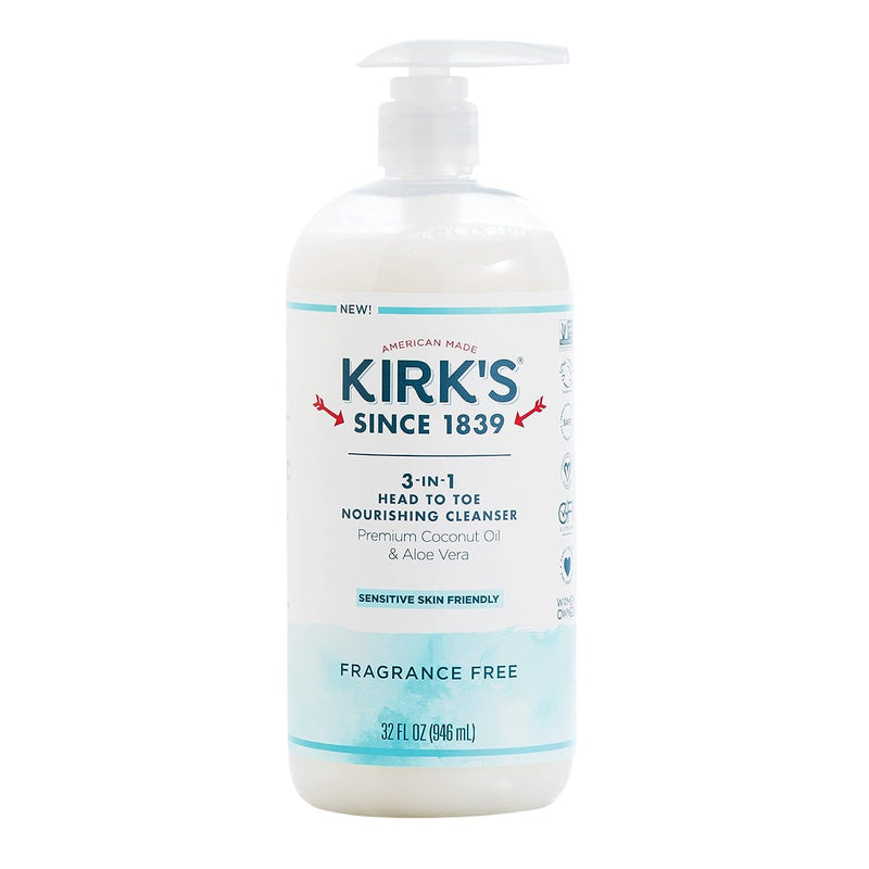 Kirk's 3-in-1 Castile Liquid Soap Fragrance Free Soap | Head-to-Toe Clean Shampoo, Face Soap & Body Wash for Men, Women & Children | 32 Fl Oz.