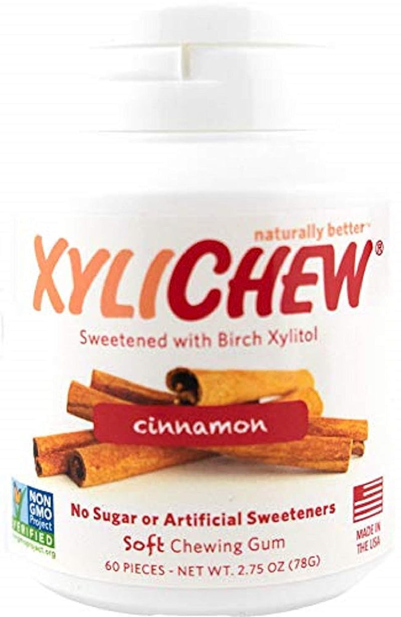 Xylichew 100% Xylitol Chewing Gum Jars - Non GMO, Gluten, Aspartame, and Sugar Free Gum - Natural Oral Care, Relieves Bad Breath and Dry Mouth - Cinnamon, 60 Count