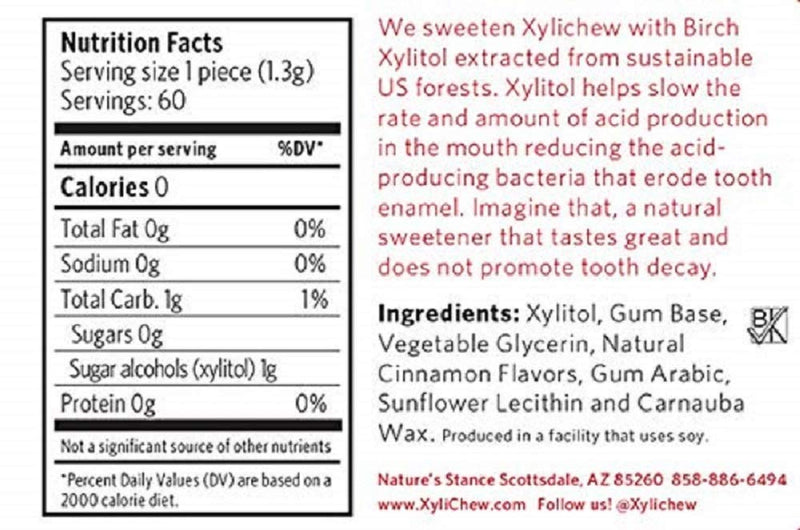 Xylichew 100% Xylitol Chewing Gum Jars - Non GMO, Gluten, Aspartame, and Sugar Free Gum - Natural Oral Care, Relieves Bad Breath and Dry Mouth - Cinnamon, 60 Count