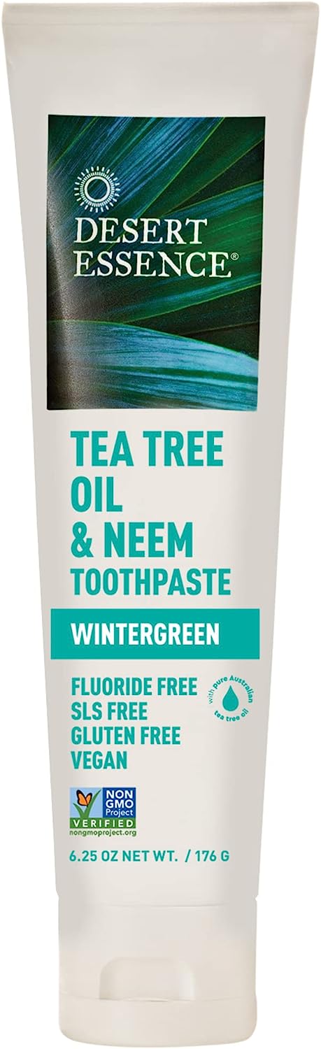 Desert Essence, Tea Tree Oil & Neem Toothpaste, Fluoride-Free with Baking Soda, Wintergreen, 6.25 Oz