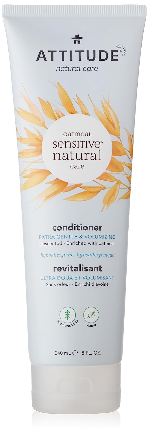ATTITUDE Unscented Hair Conditioner for Sensitive Skin, Extra Gentle & Volumizing, Plant- and Mineral-Based Ingredients, Soothing Oatmeal, Vegan and Cruelty-free, Fragrance Free, 8 Fl Oz