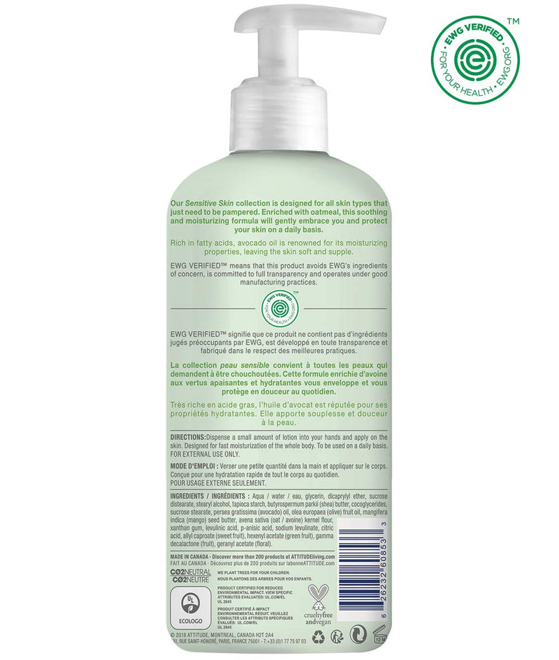 ATTITUDE Intense Nourishing Body Lotion for Sensitive Skin Enriched with Oat and Avocado Oil, EWG Verified, Hypoallergenic, Vegan and Cruelty-free, 16 Fl Oz
