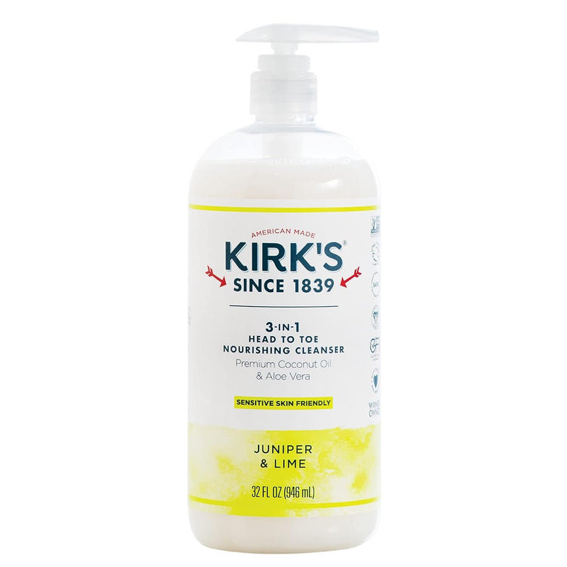 Kirk's 3-in-1 Castile Liquid Soap Head-to-Toe Clean Shampoo, Face Soap & Body Wash for Men, Women & Children | Coconut Oil + Aloe Vera | Juniper & Lime Scent | 32 Fl Oz.