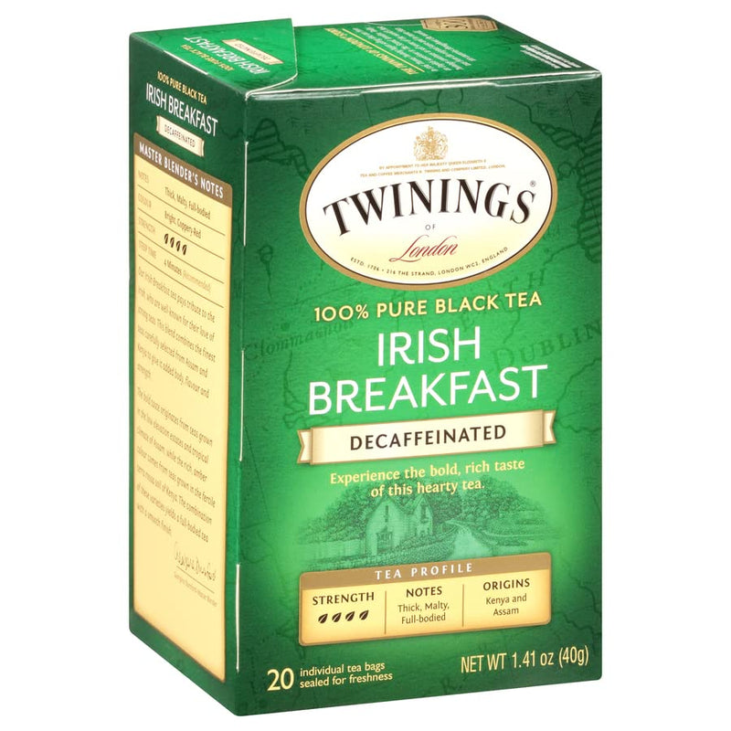 Twinings Irish Breakfast Tea, Decaf Tea Bags, Strong and Distinctive Black Decaffeinated Tea, 20 Individually Wrapped Tea Bags