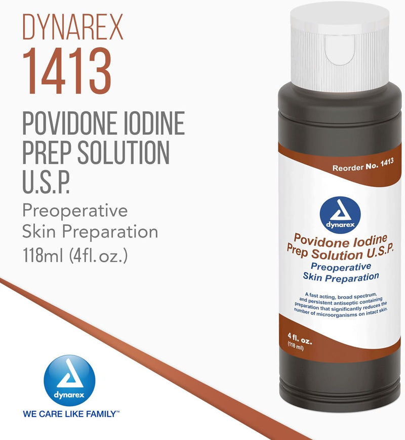 Dynarex Povidone-Iodine Prep Solution, Antiseptic Solution for Skin and Mucosa, Ideal for Surgical Site Preparation, Contains Povidone Iodine 10%, 4 fl. oz., 1 Povidone-Iodine Bottle