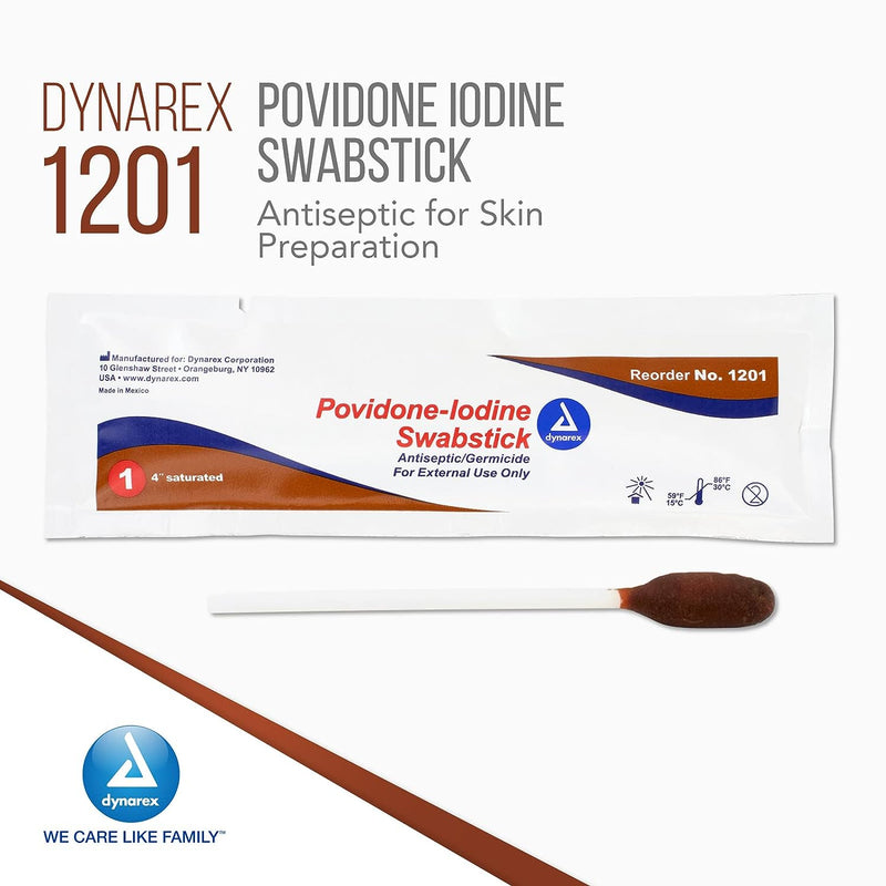 Dynarex Povidone Iodine Swabsticks, Swabstick Packaged in Individual Foil Pack, Antiseptic for Skin Preparation, Brown, 1 Box of 50 Dynarex Povidone Iodine Swabsticks