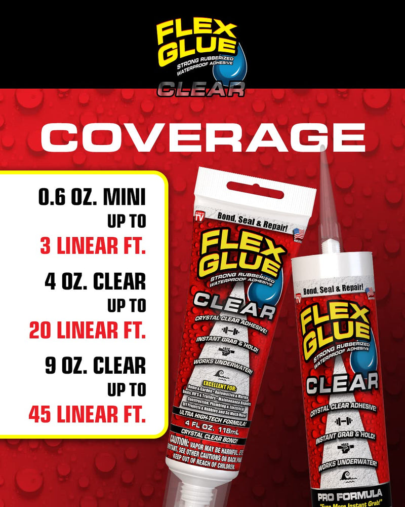 Flex Glue, 4 oz Squeeze Tube, Clear, Super Strong, Transparent, Rubberized Waterproof Adhesive, Works Underwater, Use on Pools, Showers, Outdoors, Concrete, Brick, Pavers, Masonry, UV Resistant