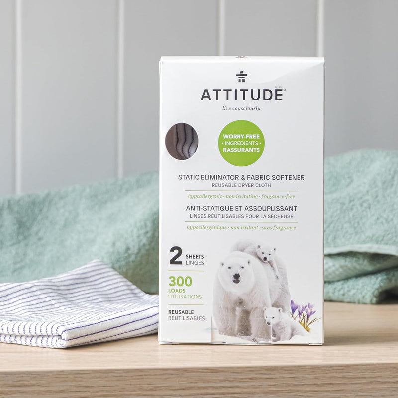 ATTITUDE Static Eliminator and Fabric Softener, Reusable Dryer Cloth, Hypoallergenic and Fragrance-Free, Vegan and Cruelty-Free Household Products, 300 Loads