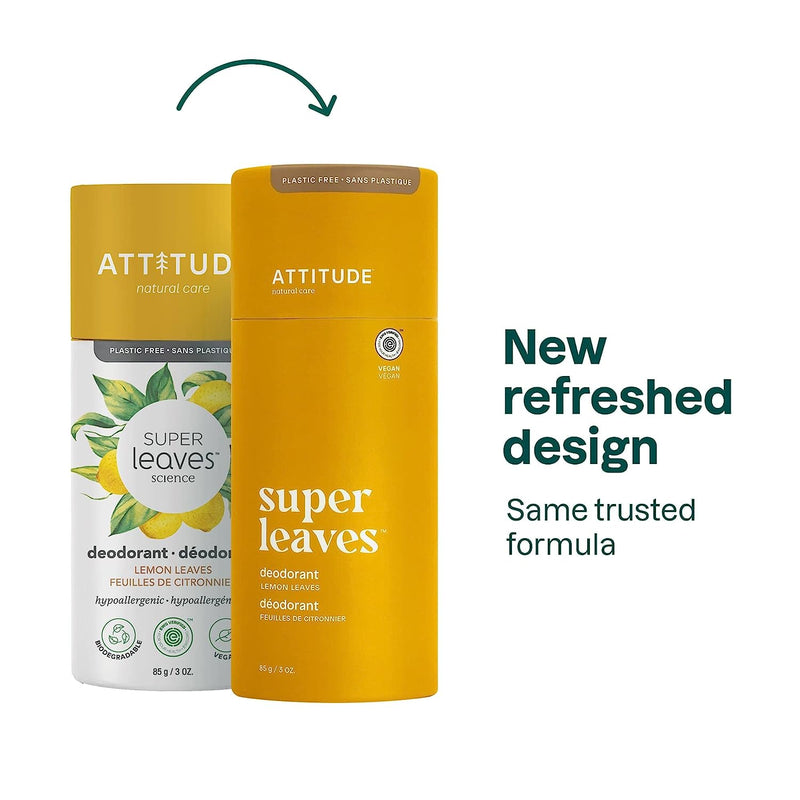 ATTITUDE Plastic-Free Deodorant, Aluminum Free, Plant- and Mineral-Based Ingredients, Vegan and Cruelty-free Personal Care Products, Lemon Leaves, 3 Ounces (Packaging May Vary)