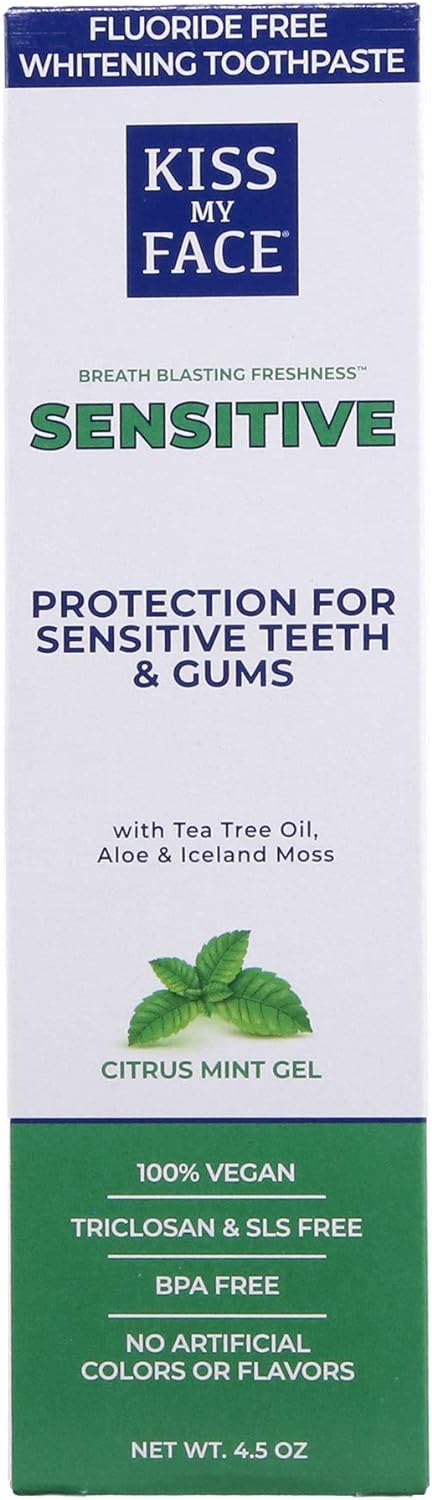 Kiss My Face Sensitive Citrus Mint Gel Toothpaste With Added Tea Tree Oil, Aloe, And Echinacea, No Artificial Colors Or Flavors, 4.5 Oz