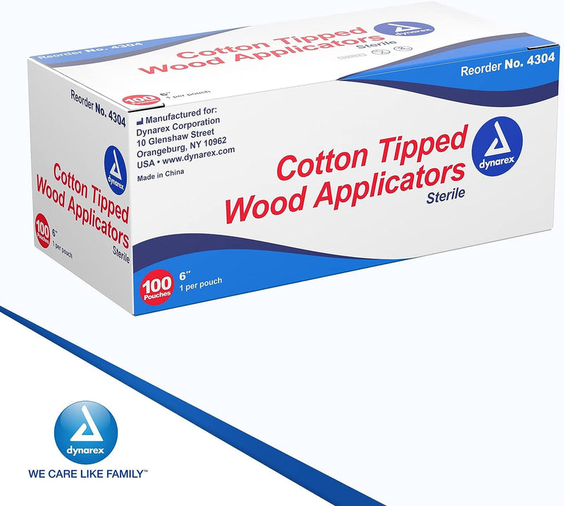 Dynarex 6-Inch Sterile Cotton Tipped Applicators - Single-Use Wooden Cotton Tip Applicators for Wound Care & Dressing, Hygiene, Makeup, Cleaning - 1 Box of 100 Pouches, 1 per Pouch