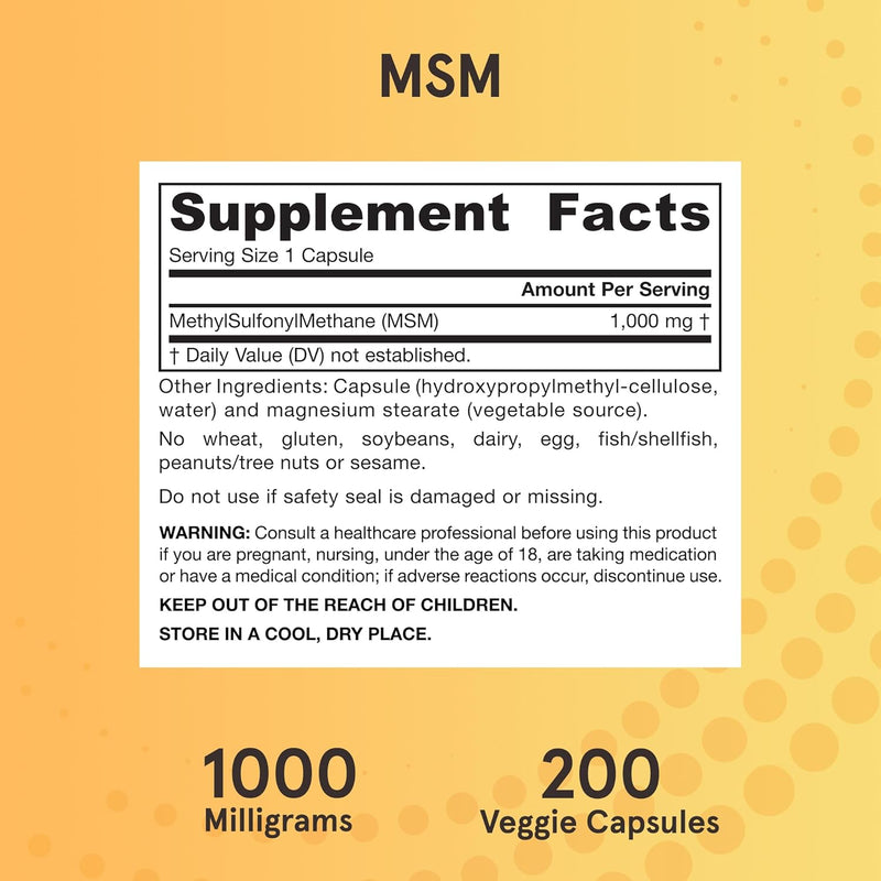 Jarrow Formulas MSM 1000 mg - 200 Veggie Capsules - Methylsulfonylmethane - Source of Sulfur - Dietary Supplement Supports & Strengthens Joints - Up to 200 Servings