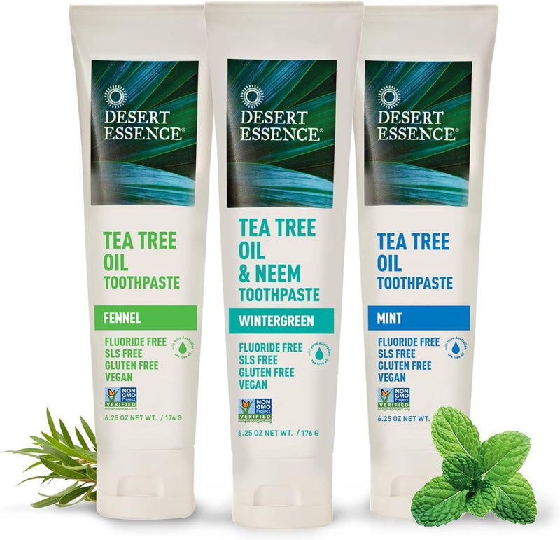 Desert Essence, Tea Tree Oil & Neem Toothpaste, Fluoride-Free with Baking Soda, Wintergreen, 6.25 Oz