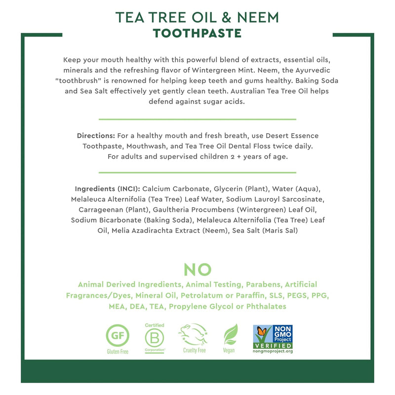 Desert Essence, Tea Tree Oil & Neem Toothpaste, Fluoride-Free with Baking Soda, 6.25 Oz (Pack of 3)