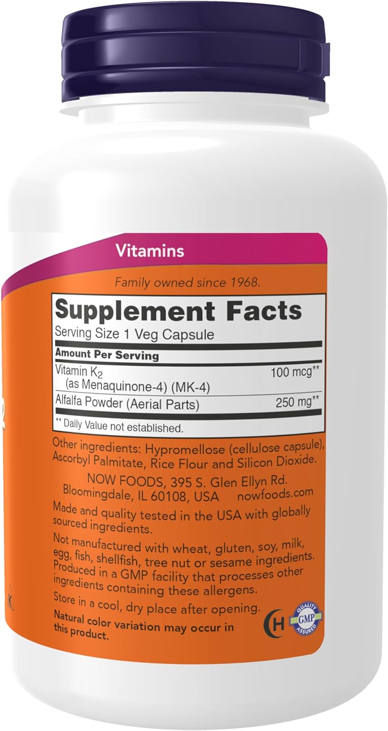 NOW Supplements, Vitamin K-2 100 mcg, Menaquinone-4 (MK-4), 250 Veg Capsules