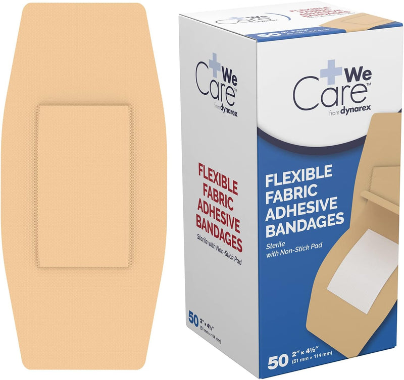 Dynarex Fabric Adhesive Bandages - Sterile & Flexible Fabric Bandages for Wounds - Non-Stick Pads - Individually-Wrapped First Aid Supplies - No Latex - 2x4-1/2", 1 Box of 50