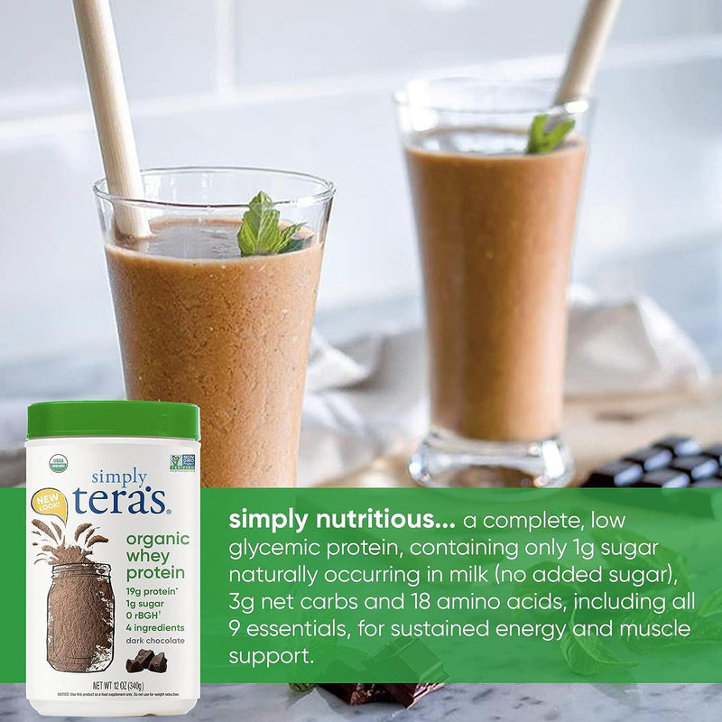simply tera's organic whey protein powder, dark chocolate flavor