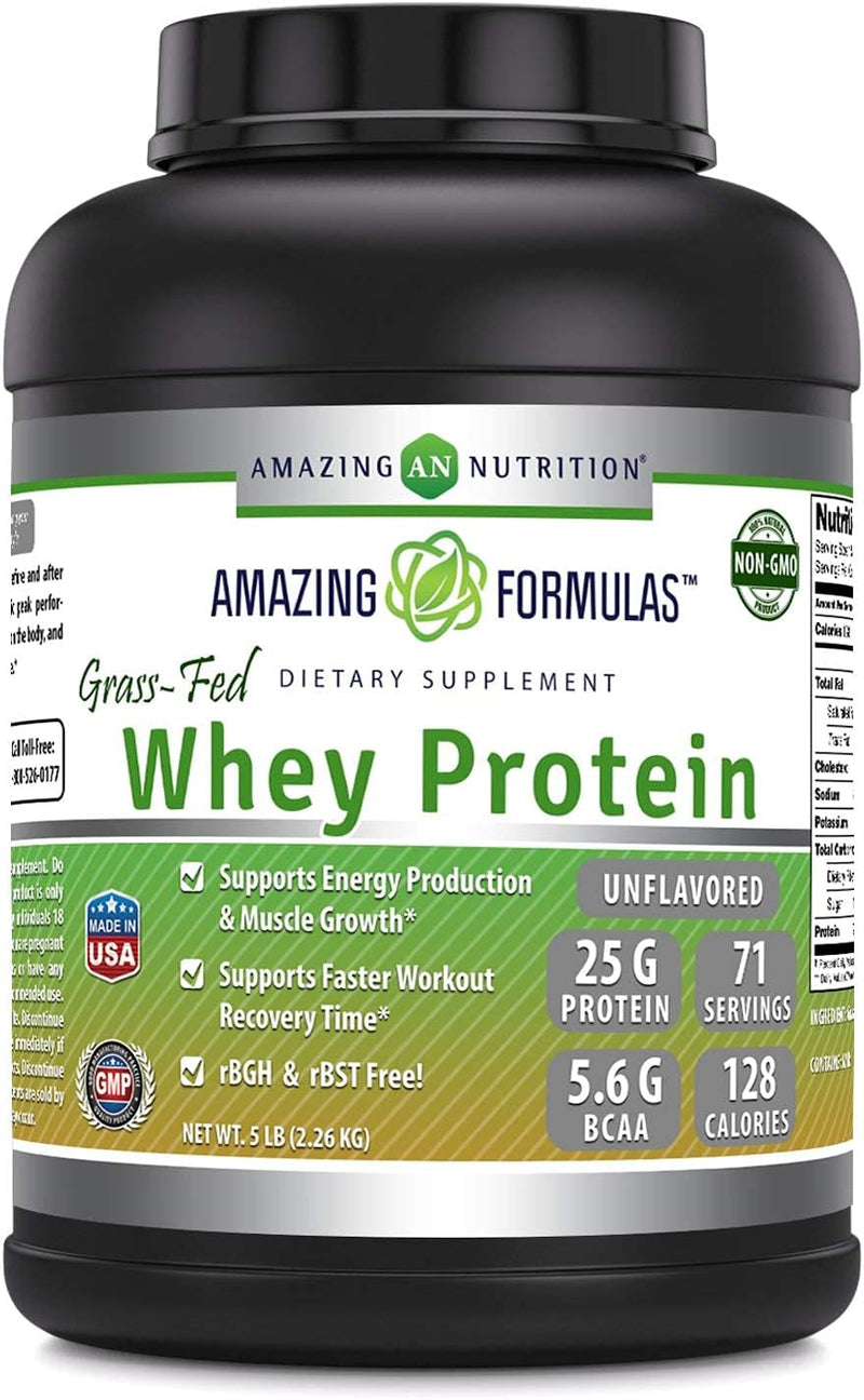 Amazing Formulas Grass FED Whey Protein 5 Lbs (Non-GMO, Gluten Free) -Made with Natural Sweetener and Flavor - rBGH & RBST Free -Supports Energy Production & Muscle Growth (Unflavored, 5 Lb)