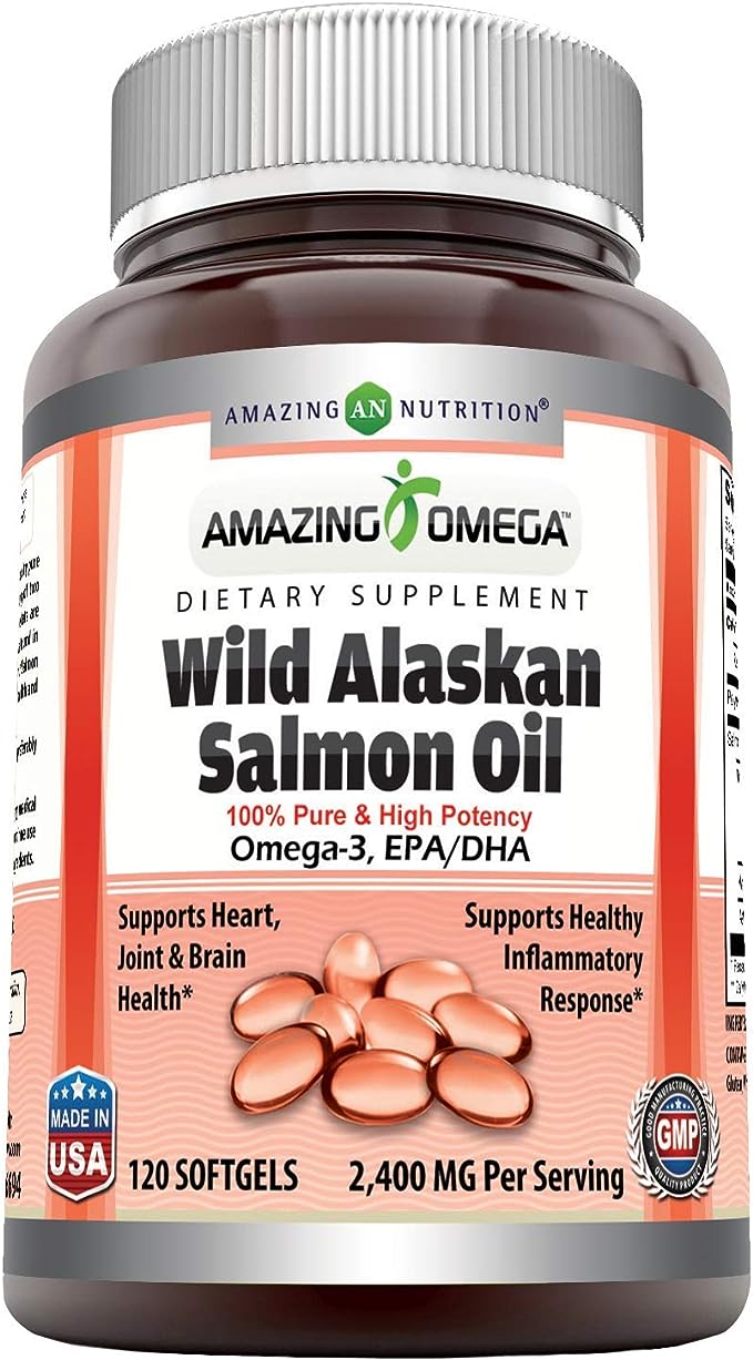 Amazing Omega Wild Alaskan Salmon Oil-2400 mg Salmon Oil Per Serving,120 Softgels(Non-GMO,Gluten Free)-Supports Heart, Joint & Brain Health and Promotes Healthy inflammatory Response