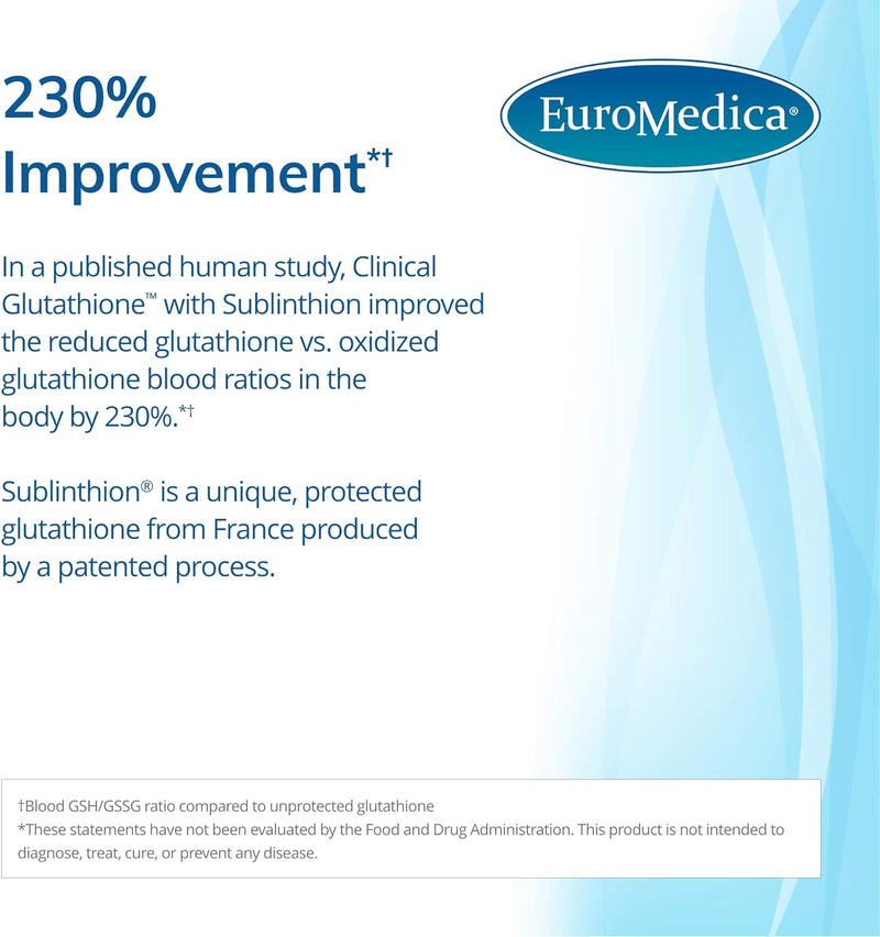 Euromedica Clinical Glutathione - 60 Tablets - Powerful Antioxidant Support for Nerve & Brain Cells - Unique Form of Glutathione - Increased Potency, Stability - 30 Servings