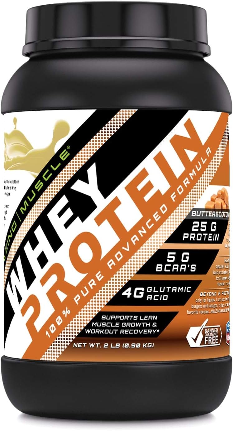 Amazing Muscle 100% Whey Protein Powder *Advanced Formula with Whey Protein Isolate as a Primary Ingredient Along with Ultra Filtered Whey Protein Concentrate (Butterscotch, 2 Lb)