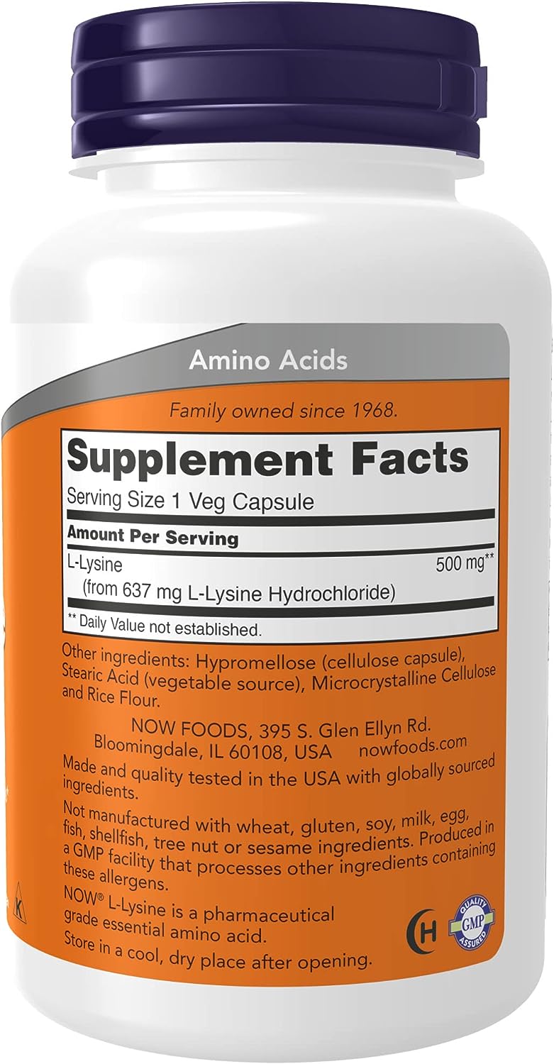 NOW Supplements, L-Lysine (L-Lysine Monohydrochloride) 500 mg, Amino Acid, 100 Veg Capsules