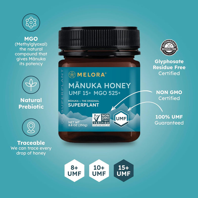 Melora Raw Manuka Honey from New Zealand | UMF 15+ | MGO 525+ | 8.8 Oz Jar