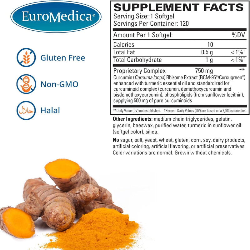 Euromedica CuraPro 750 mg - 120 Softgels - High Potency Turmeric Curcumin Supplement - Liver, Brain & Immune Support - 120 Servings