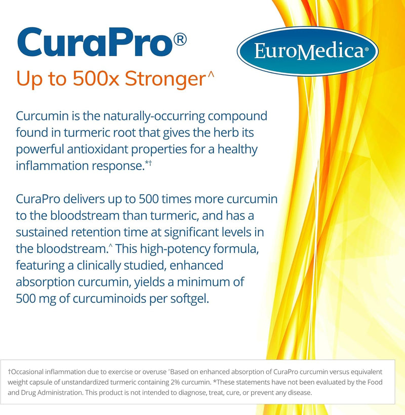 Euromedica CuraPro 750 mg - 120 Softgels - High Potency Turmeric Curcumin Supplement - Liver, Brain & Immune Support - 120 Servings