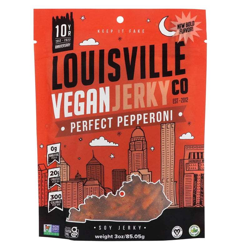 Louisville Vegan Jerky - Perfect Pepperoni, Vegetarian & Vegan-Friendly Jerky, 21 Grams of Non-GMO Soy Protein, 270 Calories Per Bag, Gluten-Free Ingredients (3 oz)