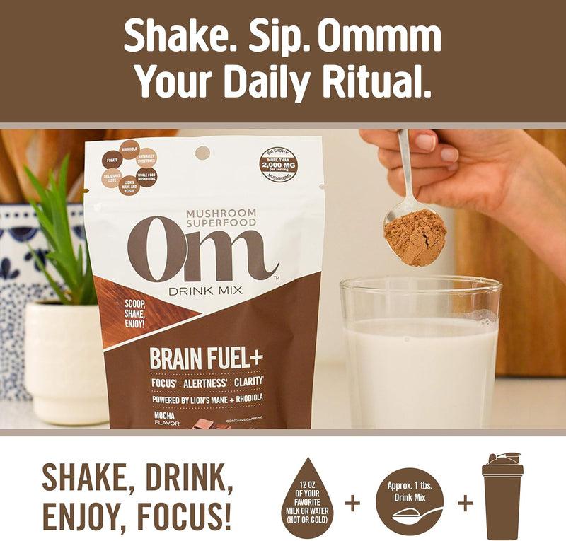 Om Mushroom Superfood Brain Fuel Plus Mushroom Powder Drink Mix, Mocha Flavor, 4 Ounce, 15 Servings, Lions Mane & Rhodiola, Memory & Focus Support Supplement