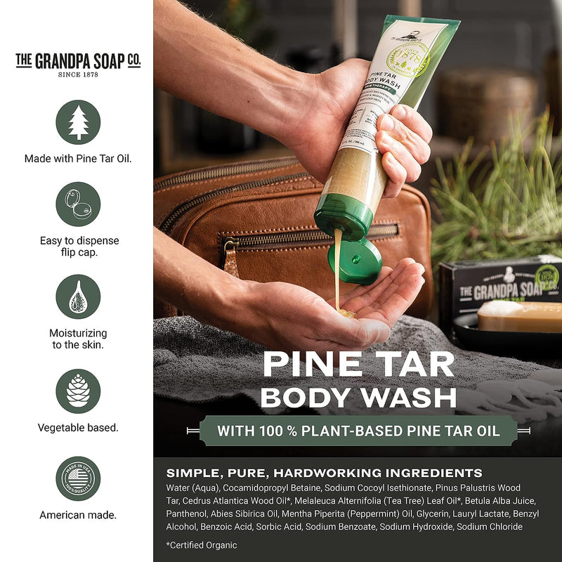 Pine Tar Body Wash by The Grandpa Soap Company | Tea Tree Oil + Organic Cedarwood Oil | Vegan & Cruelty Free Formula | Natural Men’s Soap| Moisturizing Body Wash for Men & Women | 9.5 Fl. Oz. Tube