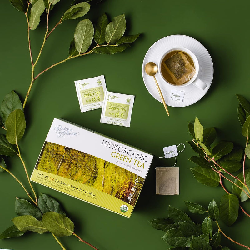 Prince of Peace Organic Green Tea, 100 Tea Bags – 100% Organic Green Tea – Unsweetened Green Tea – Lower Caffeine Alternative to Coffee – Herbal Health Benefits